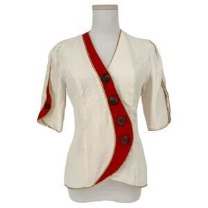 Vintage 1990s Gold Rope Trim Linen Novelty Jacket Embellished Maximalist Party